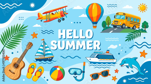 Colorful musical instruments and travel-themed items celebrating hello summer vibes