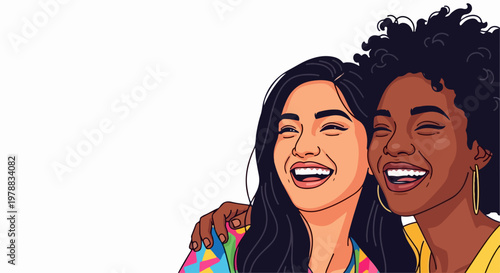 Diverse friends laughing together, vector illustration of joy and connection, celebrating friendship and happiness in a modern graphic style.