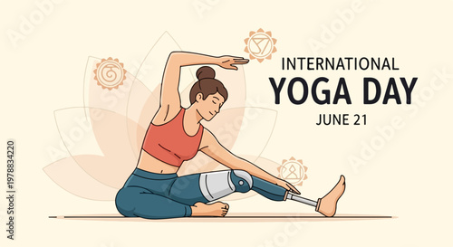 International Yoga Day vector illustration featuring a woman with a prosthetic leg performing a seated forward bend pose, promoting inclusivity and adaptive yoga practices.