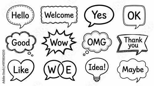 Collection of whimsical thought and speech bubbles with various facial expressions