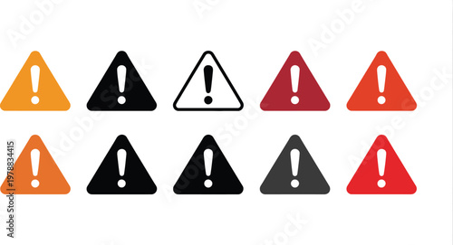 Triangle warning sign icon set, vector illustration of caution danger symbols with exclamation marks for alert notification error message and safety signage design.