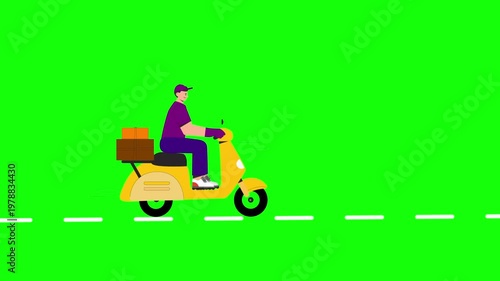 Parcel Delivery Man Riding Scooter Through Cityscape Green Screen Background