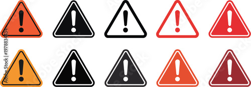 Triangle warning sign icon set, vector collection of exclamation mark danger caution and attention symbols for hazard alert safety and error message design.