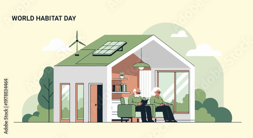 World Habitat Day vector illustration showing sustainable housing with solar panels and wind turbine, happy elderly couple inside eco-friendly home.