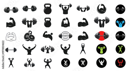 Fitness Icons Set: Dumbbells, Kettlebells, Biceps, Weightlifting, Gym Equipment