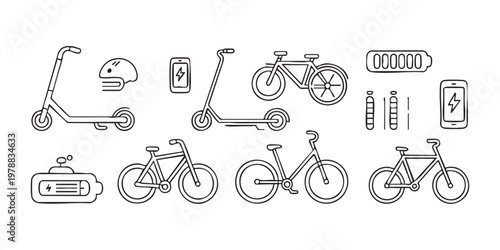 Electric scooter and bicycle icons set collection with batteries and helmets vector art