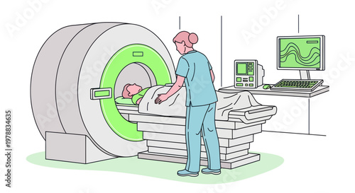 Medical MRI Scan Procedure Illustration: Patient inside machine, nurse assisting.