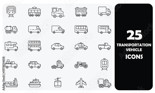 25 Transportation and Vehicle Line Vector Icons Set