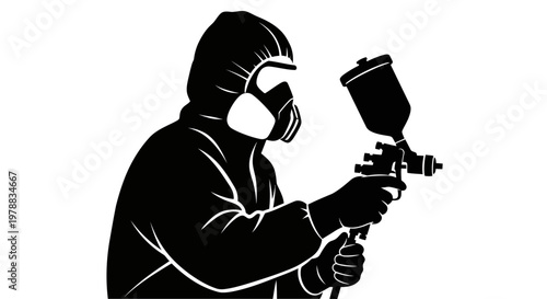 Painter in protective suit with spray gun, silhouette on white background