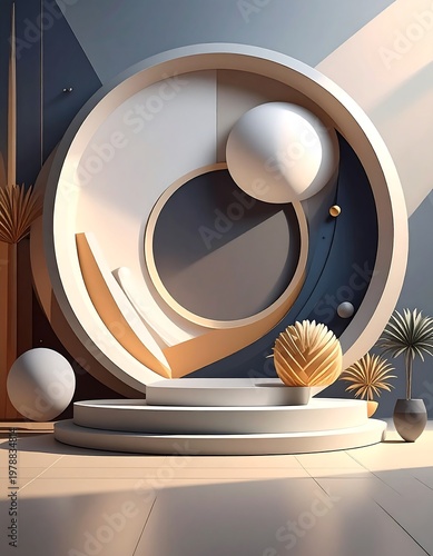 Modern architectural composition with geometric shapes on a podium. A sphere rests inside a circular frame. Elegant design
