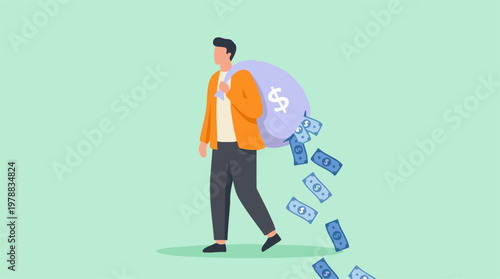 Man walking with money bag, unknowingly dropping cash, financial loss concept