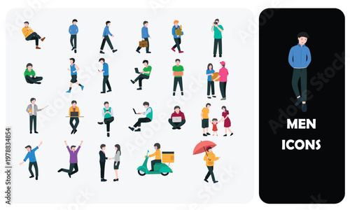 Flat Vector Illustration Set of Men in Daily Life and Professional Activities