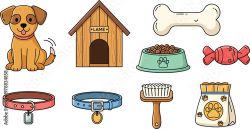 Cute dog pet care vector set with puppy house food bowl bone collar toys and grooming accessories illustration