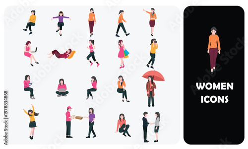 Flat Vector Illustration Set of Women in Daily Life Activities