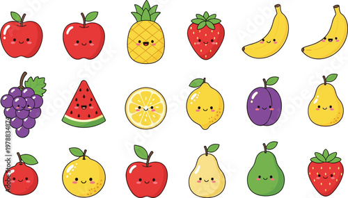 Cute fruit character vector set with apple banana strawberry grape watermelon and lemon kawaii cartoon illustration collection