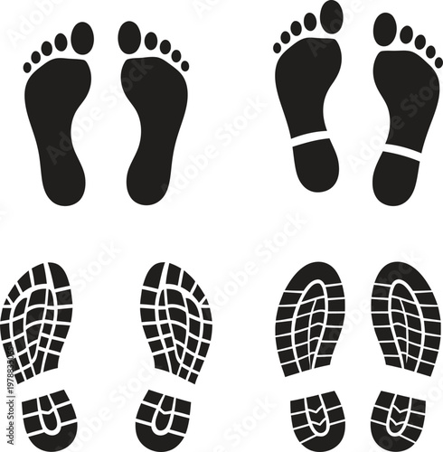 Black and white footprints a collection of sole impressions depicting human and shoe tracks