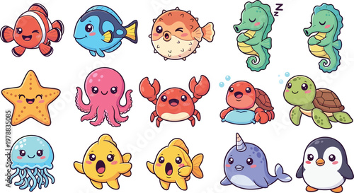 Cute sea animal vector set with fish octopus crab turtle seahorse jellyfish starfish and penguin cartoon collection