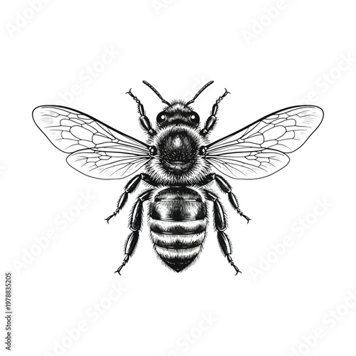 Detailed black and white illustration of a bee with transparent wings