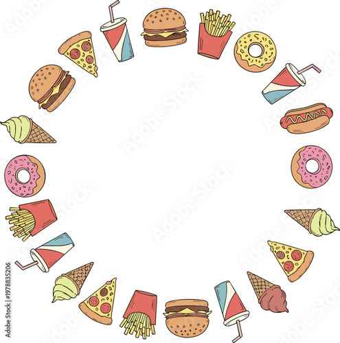 Fast food circle frame vector with burger pizza fries donut hotdog ice cream and drinks hand drawn illustration