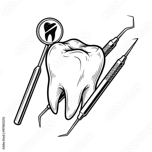 Dental tools and a tooth undergoing examination and treatment procedure