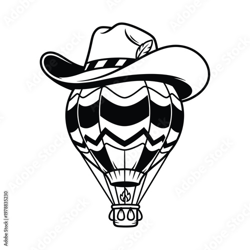 A whimsical hot air balloon with a cowboy hat floating in the sky