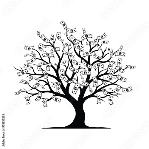A tree adorned with numerous dollar bills as its leaves symbolizing wealth and prosperity
