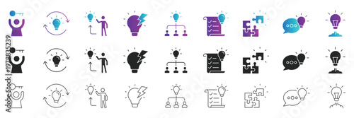 Idea process innovation workflow and problem solving web line flat and gradient icon set with teamwork, planning, solution, communication and creative thinking symbol. Editable stroke