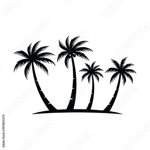 Four tall palm trees standing closely together on a sandy ground.