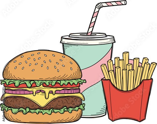Fast food combo vector with burger fries and soda drink hand drawn illustration isolated snack meal design