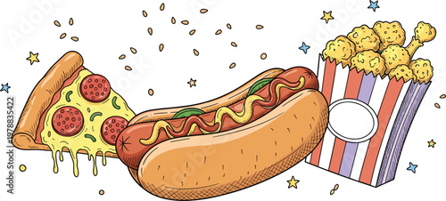 Fast food vector illustration with hotdog pizza slice and popcorn hand drawn snack collection isolated design elements