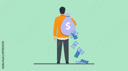 Man carrying a money bag with cash falling out, illustrating financial loss