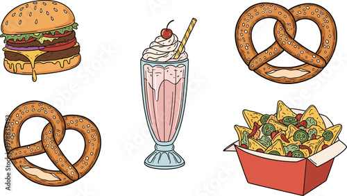 Fast food vector set with burger milkshake pretzel and nachos hand drawn snack illustration collection isolated design