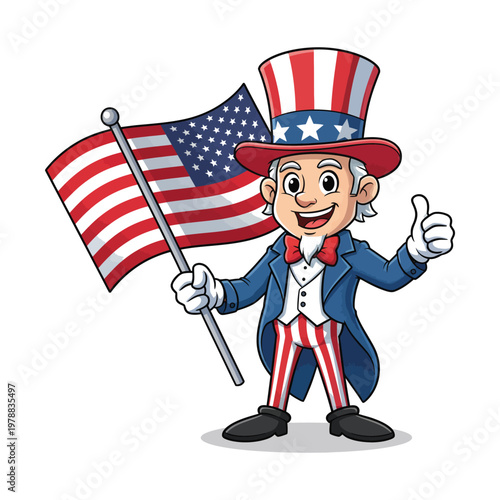 Patriotic character waving the american flag with a thumbs-up gesture