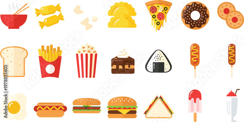 Flat food icon vector set with fast food snacks sweets bread noodles sushi and drinks colorful illustration collection
