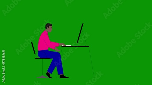 Person Typing on Laptop in Workspace, Digital Work and Online Communication Scene on Green Screen Background