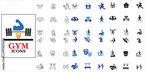 gym icons set. body scale, gym, strong, fitness, weight loss, cardio, injury and more. simple complete vector