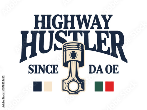 Engine piston graphic features a classic typography design for automotive brands.