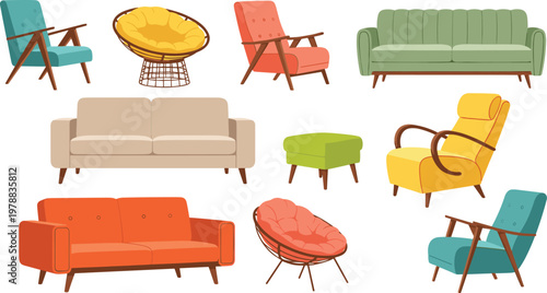 Modern furniture vector set with sofa armchair lounge chair and ottoman mid century interior design illustration collection