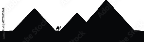 A lone camel standing between three silhouetted pyramids in a desert landscape isolated on white background, Vector
