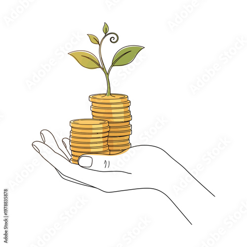 Growth and prosperity depicted by a plant sprouting from a stack of coins in a hand