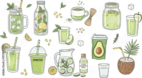 Healthy green drinks vector set with smoothies juices matcha avocado coconut and detox beverages hand drawn illustration collection