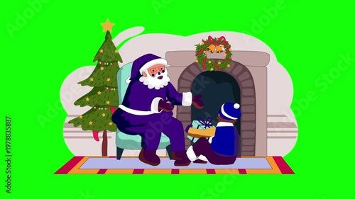 Santa Claus Giving Gift to Child Near Christmas Tree and Fireplace, Festive Holiday Scene, Christmas Day 2D Animation on Green Screen Background