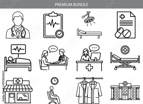 Set of medical and healthcare icons with check up patient bed emergency bed lab coat line art hand drawn hospital healthcare treatment medicine cardiology stethoscope clipboard check