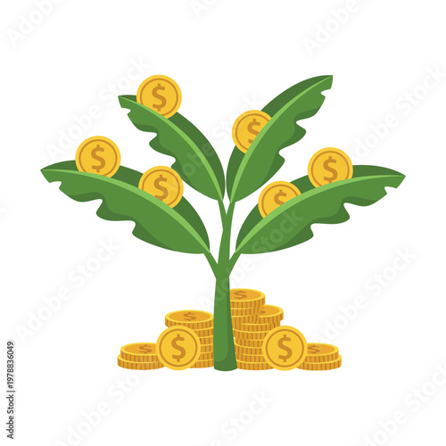 A tree growing gold coins symbolizing wealth and prosperity in nature.