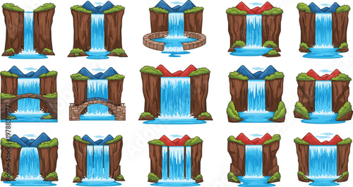 Waterfall landscape vector set with mountains cliffs and flowing water nature scene illustration collection isolated design