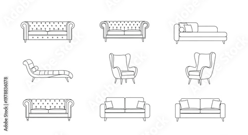 Line art illustration depicting various styles of sofas couches and armchairs in a grid layout