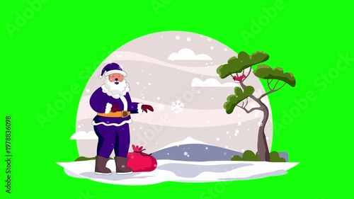 Santa Claus Waving with Gift Bag in Snowy Winter Landscape, Festive Christmas Holiday Celebration Scene on Green Screen Background