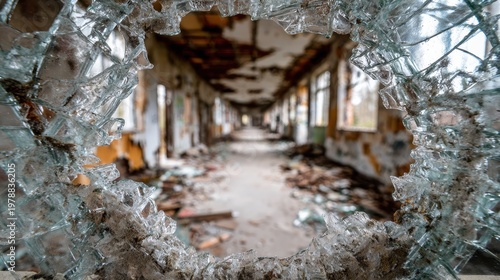 Stunning photo of view through a shattered glass window into a derelict abandoned school hallway.