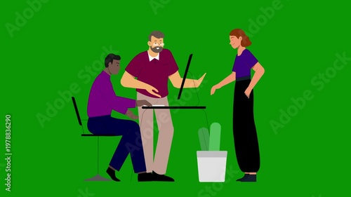 Team Collaboration with Business Professionals Discussing Ideas at Desk, Corporate Brainstorming Scene on Green Screen Background