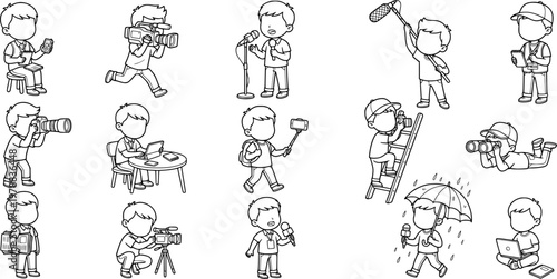 Faceless journalist and reporter outline illustration set